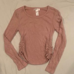 Girls rib-knit salmon pink long sleeve top with side cinch and tie detail
